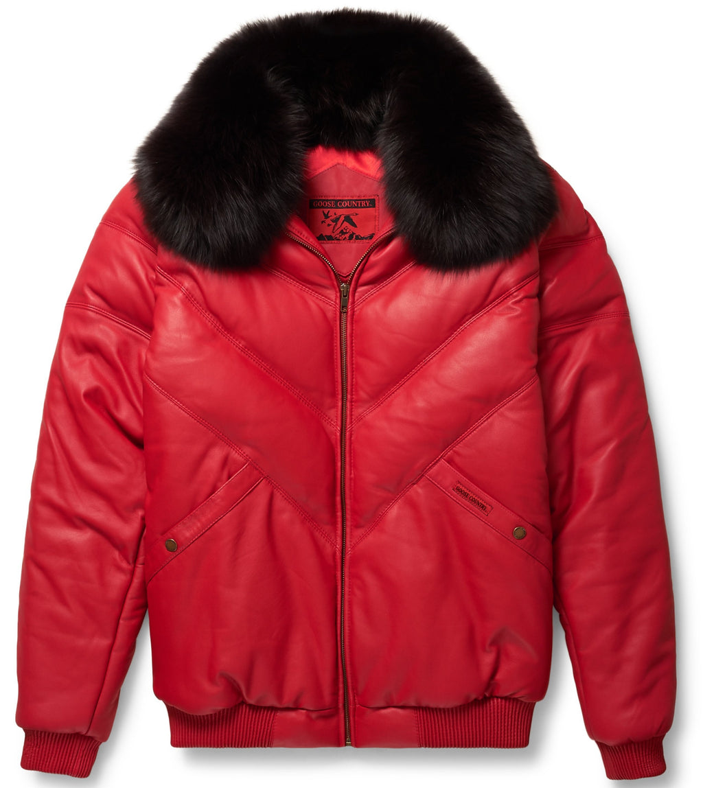 Red Leather V-Bomber Jacket - Shearling leather