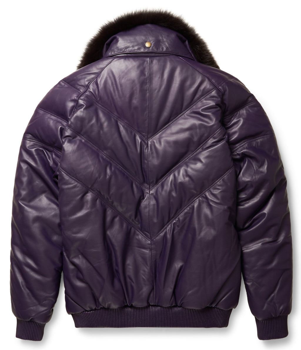 Purple Leather V-Bomber Jacket - Shearling leather