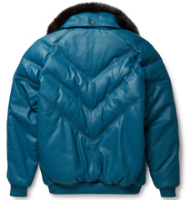 Load image into Gallery viewer, Teal Leather V-Bomber Jacket - Shearling leather
