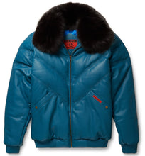 Load image into Gallery viewer, Teal Leather V-Bomber Jacket - Shearling leather
