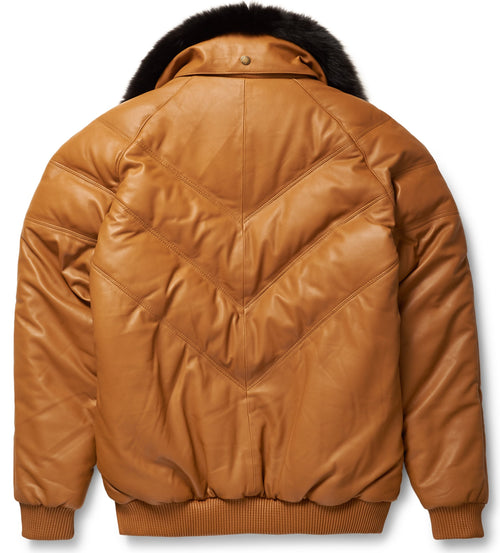 Camel Leather V-Bomber Jacket - Shearling leather