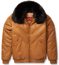 Load image into Gallery viewer, Camel Leather V-Bomber Jacket - Shearling leather

