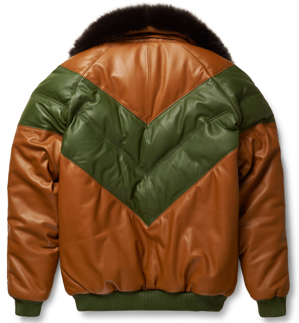 Brown & Green Leather V-Bomber Jacket - Shearling leather