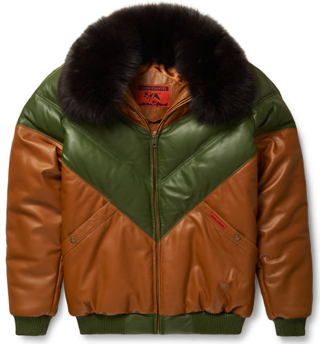 Brown & Green Leather V-Bomber Jacket - Shearling leather