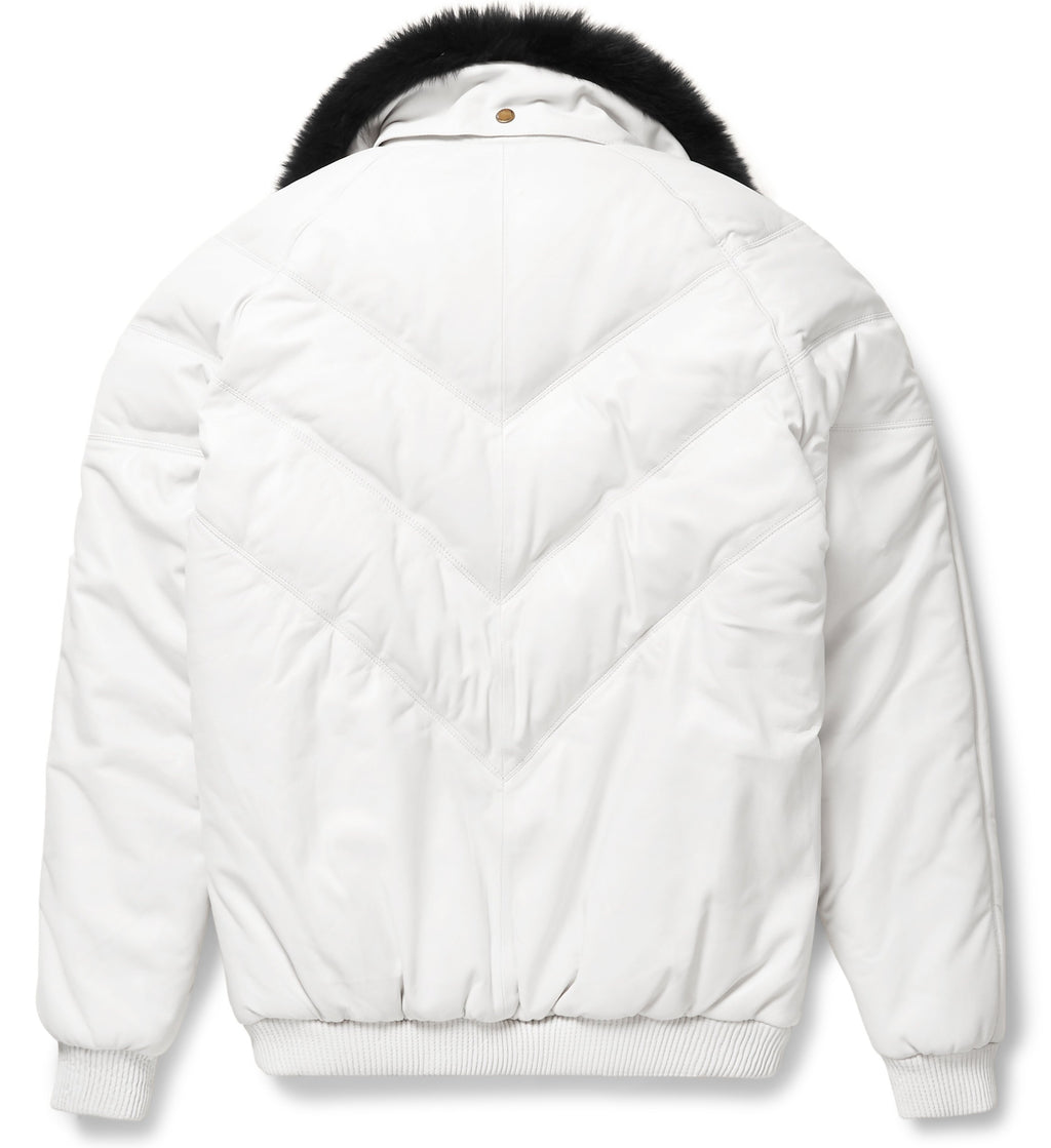 White Leather V-Bomber Jacket - Shearling leather