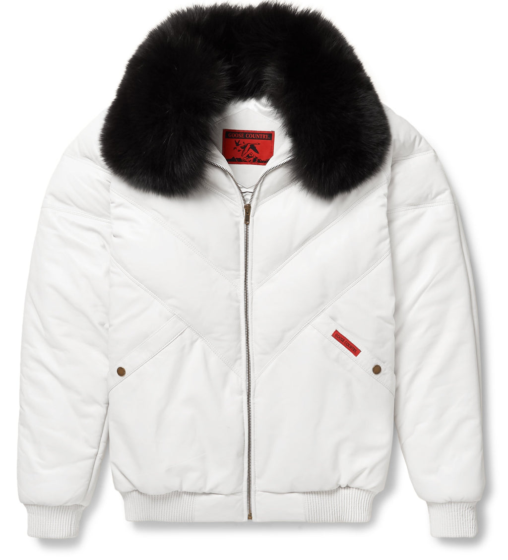 White Leather V-Bomber Jacket - Shearling leather