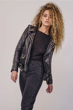 Load image into Gallery viewer, Women Black Style Silver Spiked Studded Leather Biker jacket
