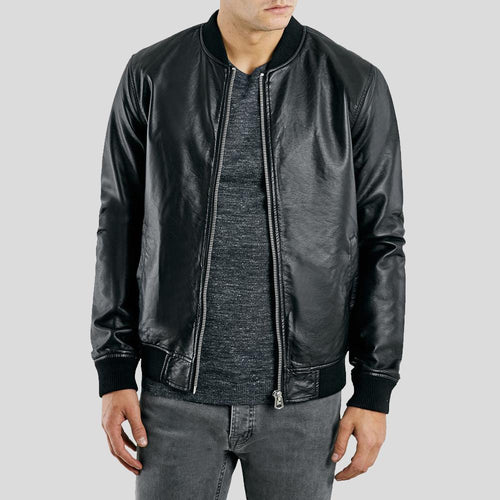 Bailei Black Bomber Leather Jacket - Shearling leather