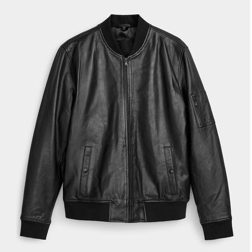 Mens Real Black Sheepskin Leather Bomber Jacket