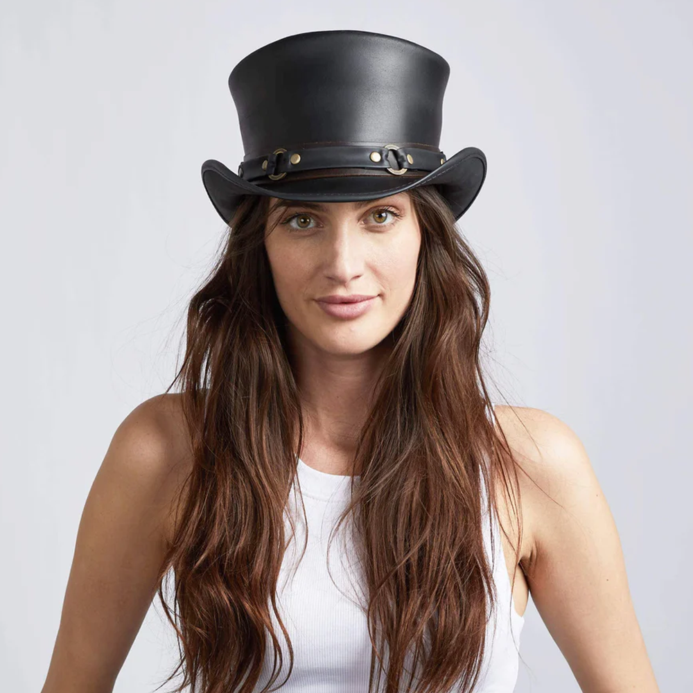 New Women Handmade Removable Sweatband Black Leather Hat