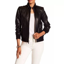 Load image into Gallery viewer, Womens Genuine Lambskin Black Leather Bomber Jacket
