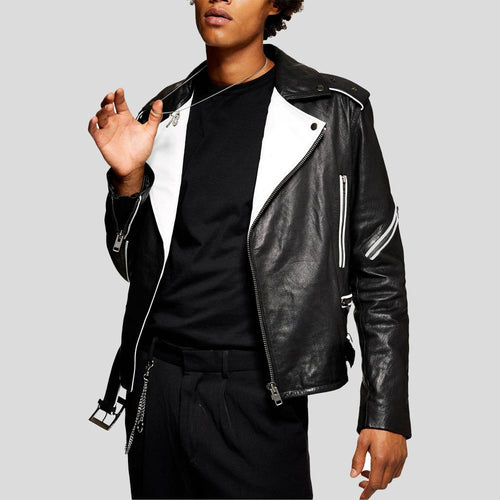 Colvert Black & White Motorcycle Leather Jacket - Shearling leather