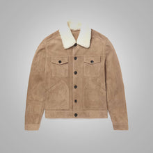 Load image into Gallery viewer, Mens Shearling Lined Leather Brown Trucker Jacket
