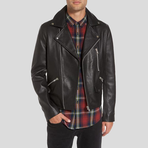 Caden Black Biker Leather Jacket - Shearling leather