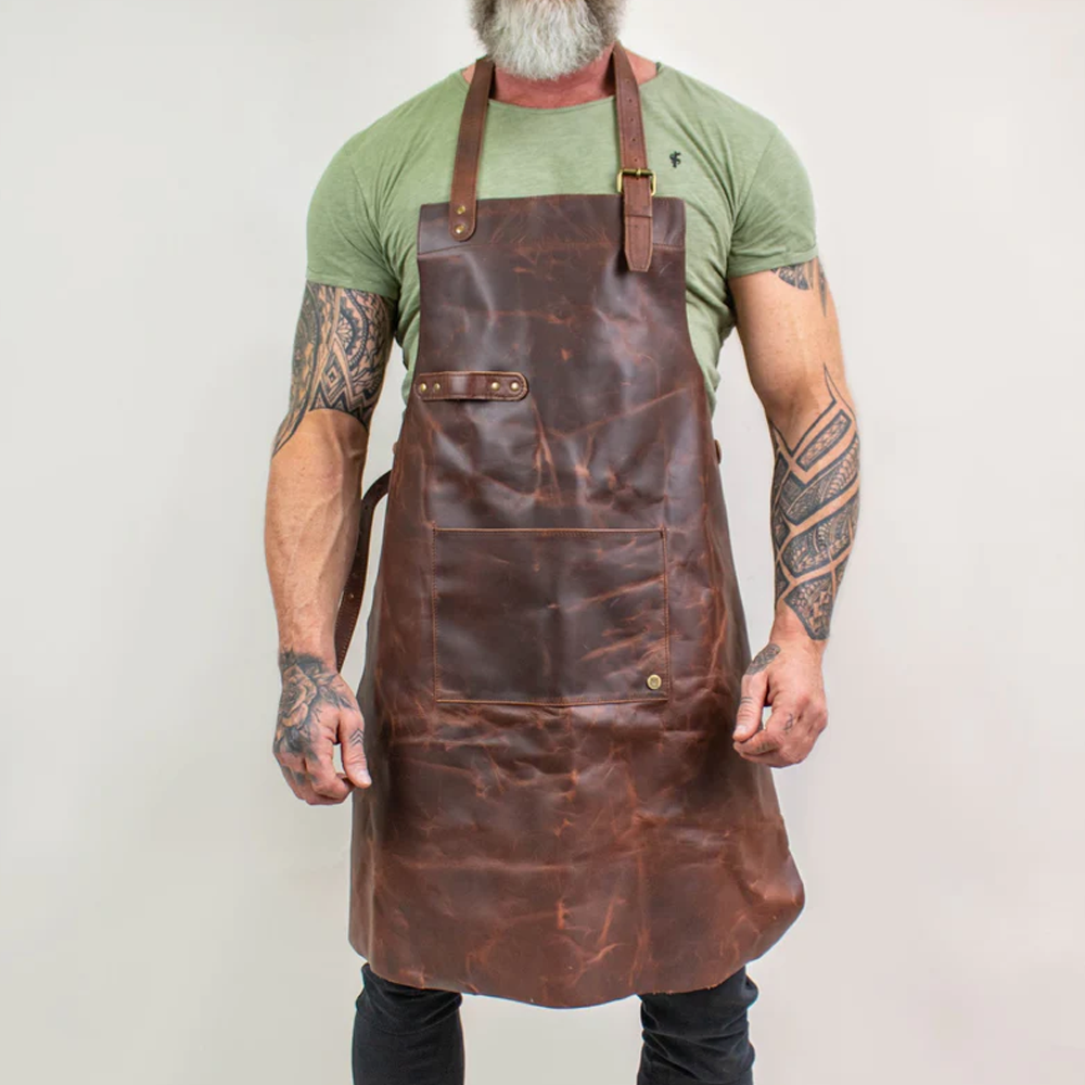 New Men Classic Brown Leather Apron With Spacious Front Pocket for Tools