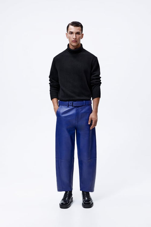 Blue Mens Sheep Skin Leather Real Biker Pants