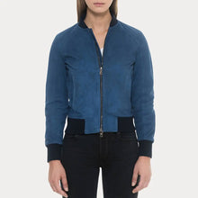 Load image into Gallery viewer, Blue Suede Bomber Jacket with Black Rib Knit Collar &amp; Cuffs
