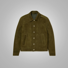 Load image into Gallery viewer, Men Olive Green Lambskin Leather Trucker Jacket
