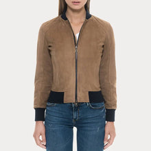 Load image into Gallery viewer, Tan Suede Bomber Jacket with Black Rib Knit Collar &amp; Cuffs
