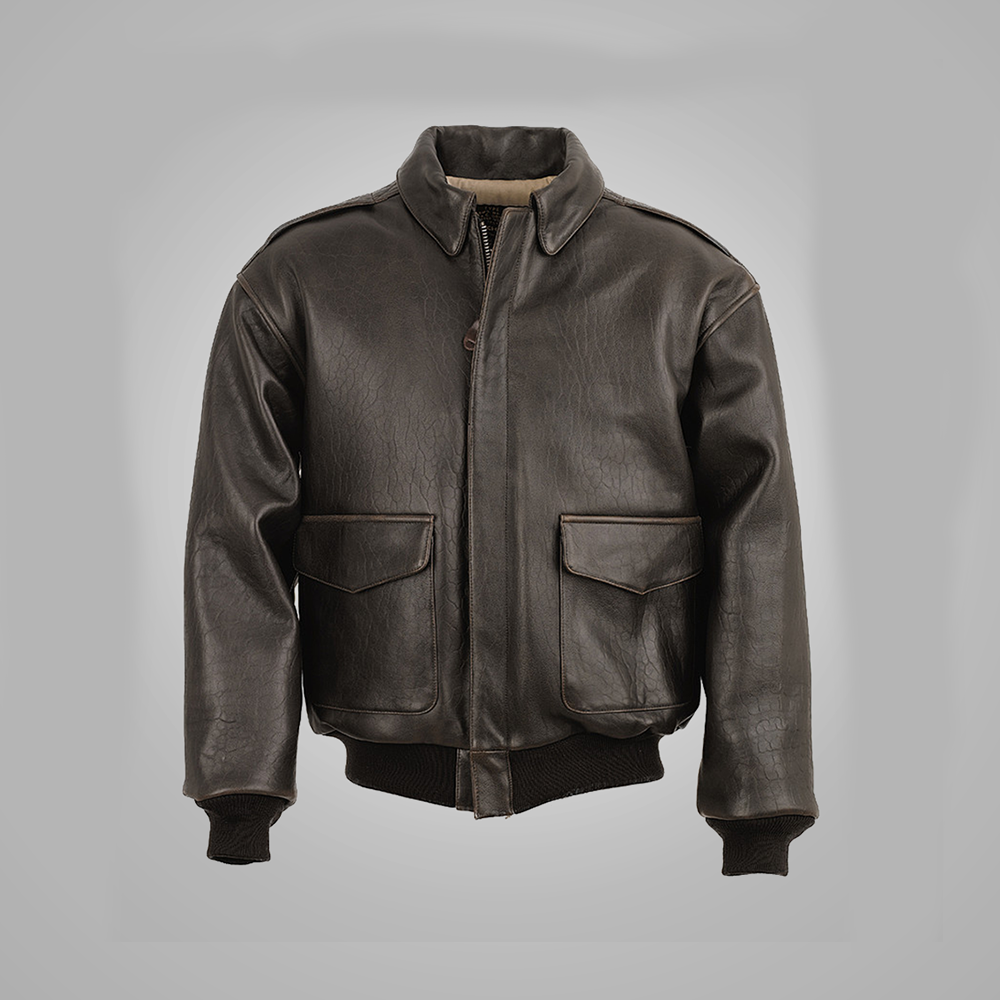 A brown leather men's flying jacket with a mandarin collar, zipper front, and flap-covered pockets.