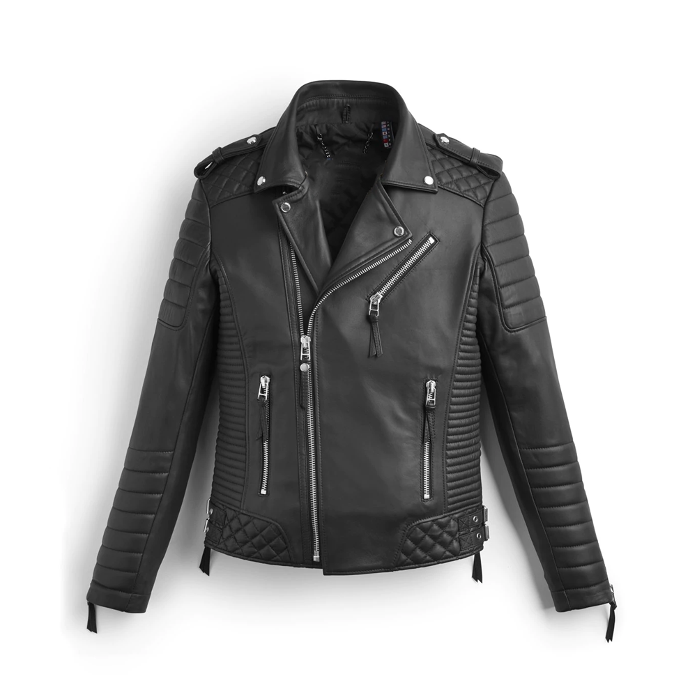 Men Black Quilted Biker Leather Jacket With Zippers