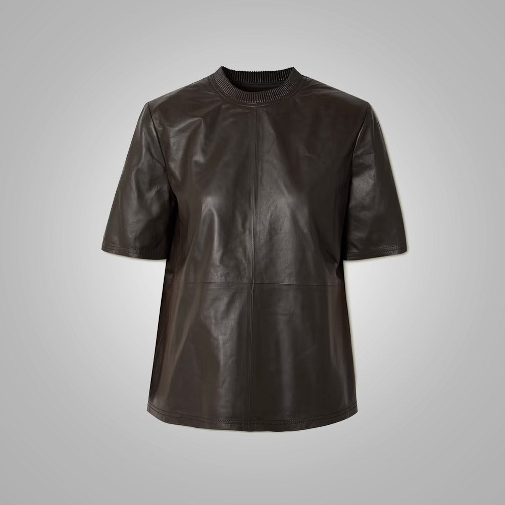 Women's Half sleeves Smooth soft choclate colour Leather Shirt