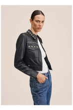Load image into Gallery viewer, Black Women style Silver Spiked Studded Retro Motorcycle Leather Jacket
