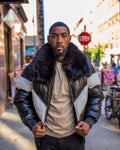 MEN V BOMBER JACKET - BLACK & WHITE WITH BLACK FUR - Shearling leather