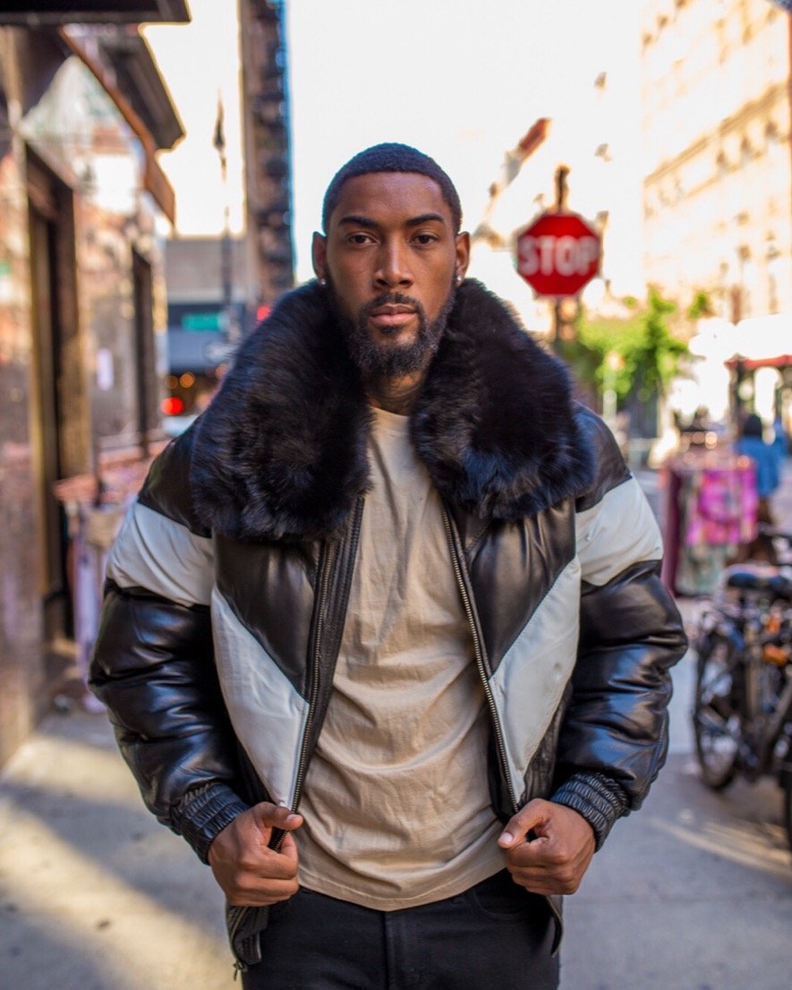 MEN V BOMBER JACKET - BLACK & WHITE WITH BLACK FUR - Shearling leather