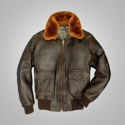 Brown men's leather flight jacket with lambskin collar and embroidered pilot's map on the back.