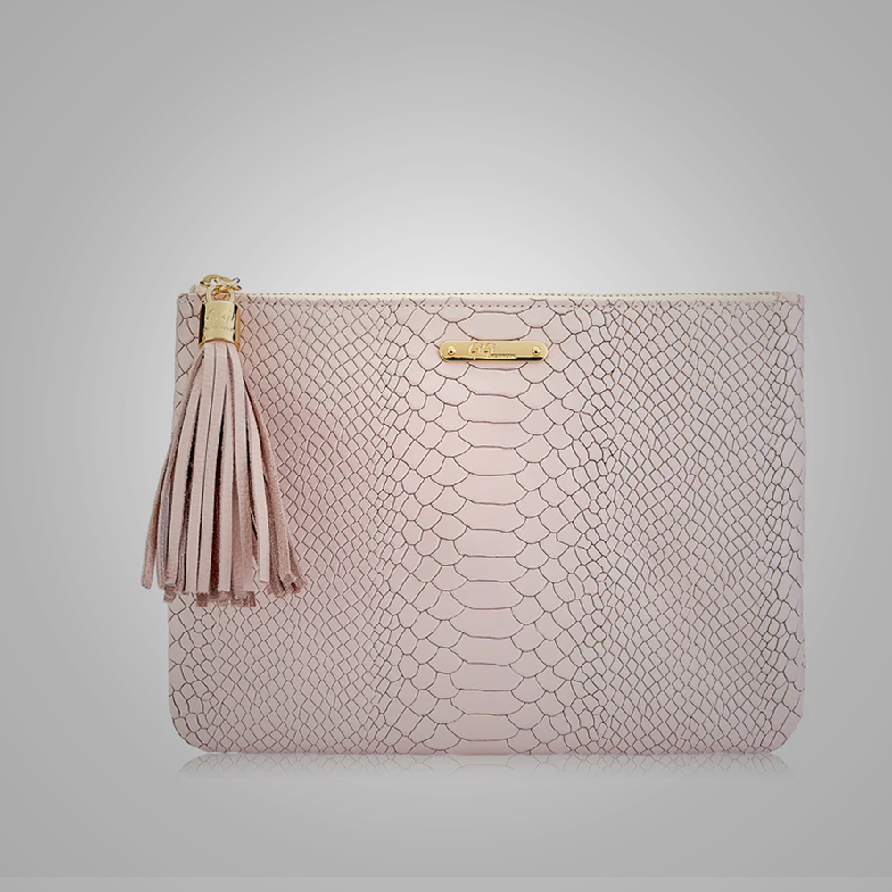 New Women Nude Embossed Python Genuine Leather Clutches