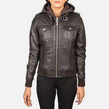 Load image into Gallery viewer, Roslyn Brown Hooded Leather Bomber Jacket
