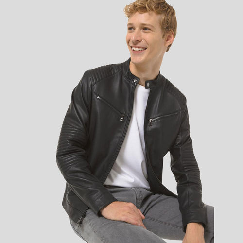 Claiborn Black Cafe Racer Leather Jacket - Shearling leather