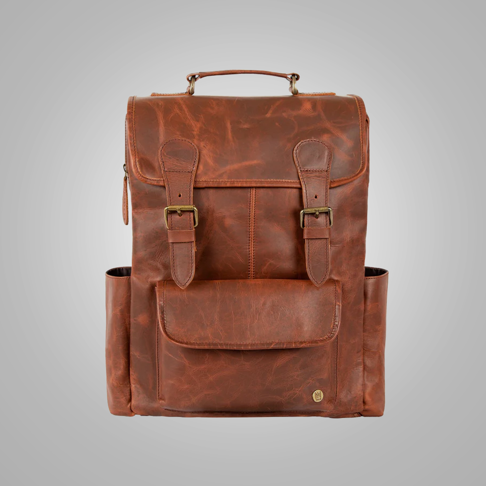 Men Brown Lambskin Leather Backpack 100% Cotton Lining in Main Compartment and Waterproof lining in the two side pockets