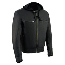 Load image into Gallery viewer, Men&#39;s Black Leather ‘Utility Pocket’ Vented Jacket with Removable Hoodie
