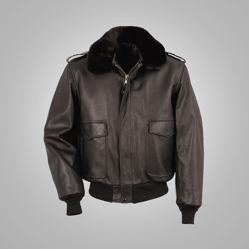 Men's brown cowhide leather flight jacket with a fur collar, snap button closures, and a zippered front.