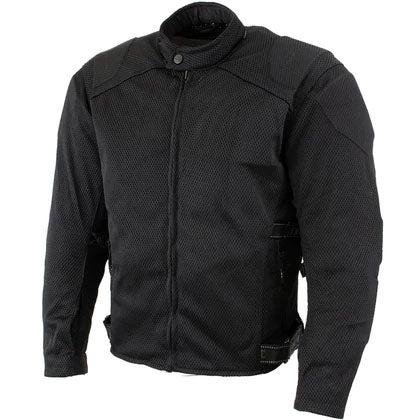 Men's black mesh motorcycle jacket with X-Armor protection, featuring a mandarin collar, zippered hand pockets, and adjustable straps.