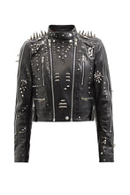 Load image into Gallery viewer, Black Women style Silver Long Spiked Studded Motorcycle Leather Jacket
