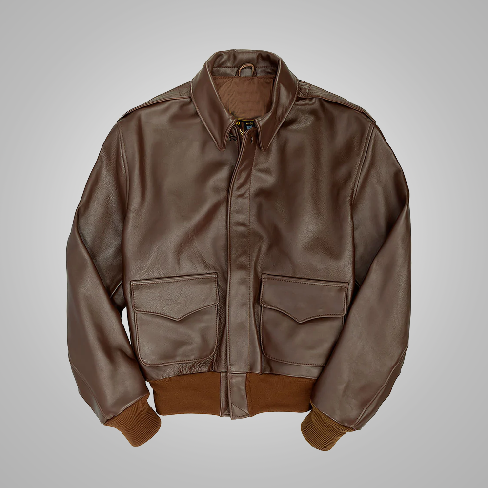 A brown leather flying jacket with a standing collar, zipper details, and front flap pockets.