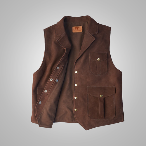 Men Brown Multi Pocket Style Leather Vest