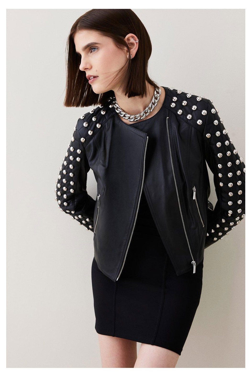Black Women Style Silver Spiked Studded Leather Jacket