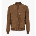 Mens Brown Suede Real Leather Bomber Jacket