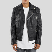 Load image into Gallery viewer, Alvin Black Biker Quilted Leather Jacket - Shearling leather
