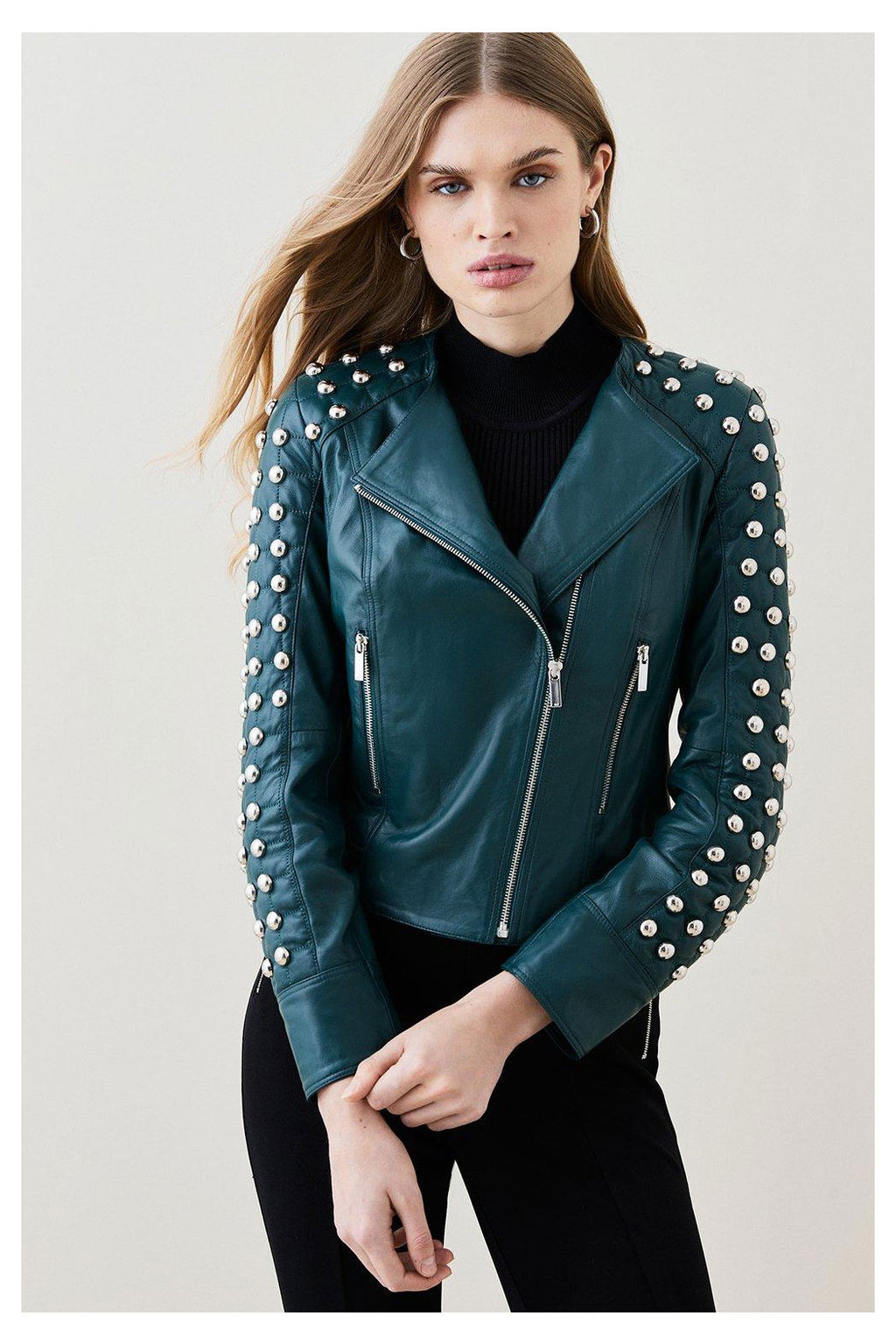 Women Silver Spiked Studded Retro Motorcycle Leather Jacket