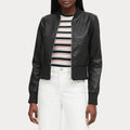 Women Cropped Ribbed Cuff Black Bomber Jacket