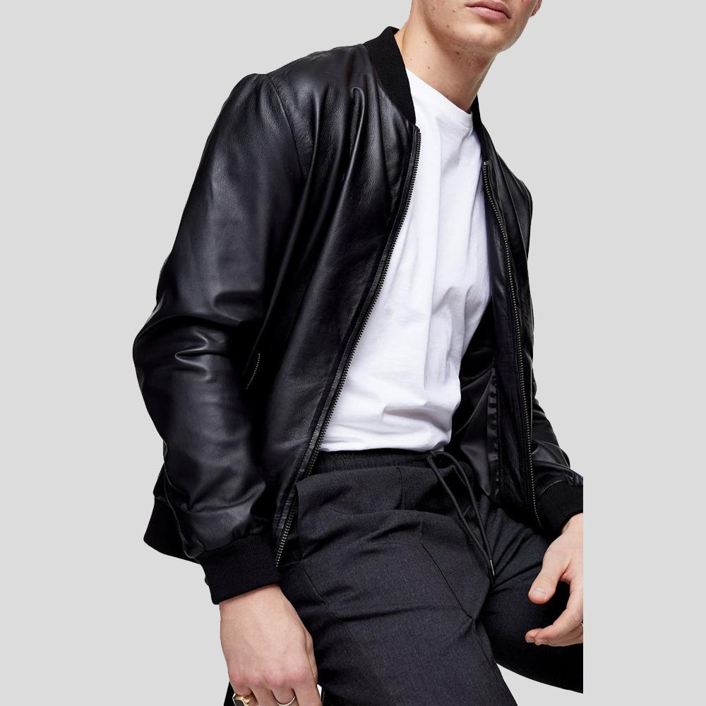 Oliver Black Bomber Leather Jacket - Shearling leather
