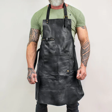Load image into Gallery viewer, Men Black Handmade Sheepskin Long Leather Apron With Spacious Front Pocket for Tools

