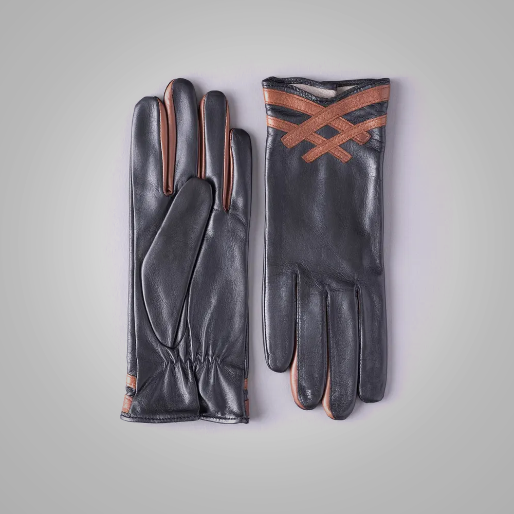 New Women Hand-Sewn Black Gloves Sheepskin Genuine Leather Gloves