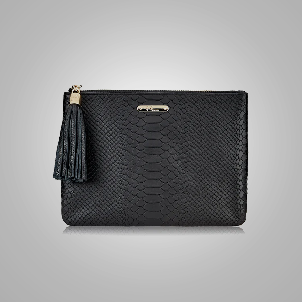 Black Embossed Python Genuine Leather  Leather Clutches Fur Women