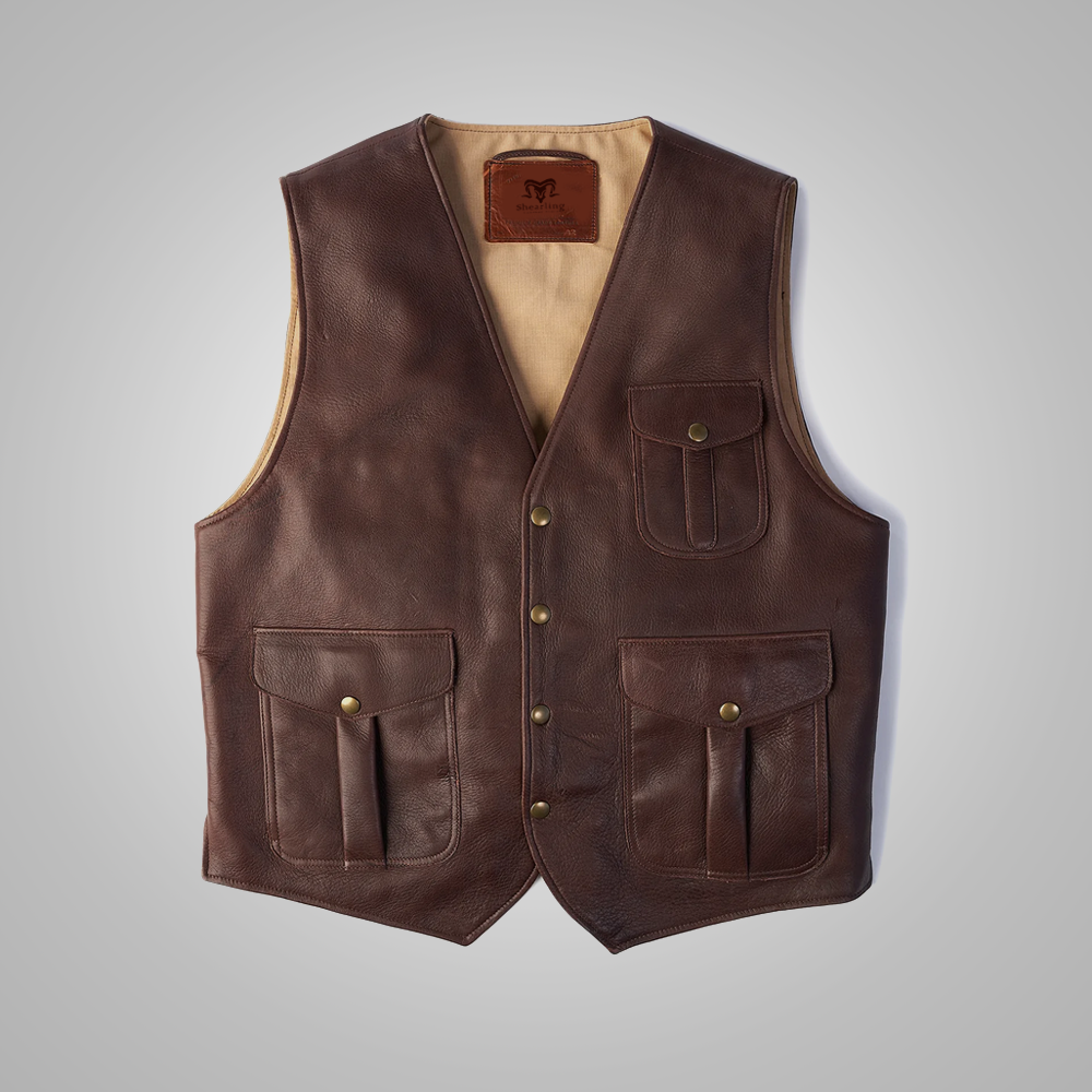 Brown Men Multi Pocket Style Buckskin Vest